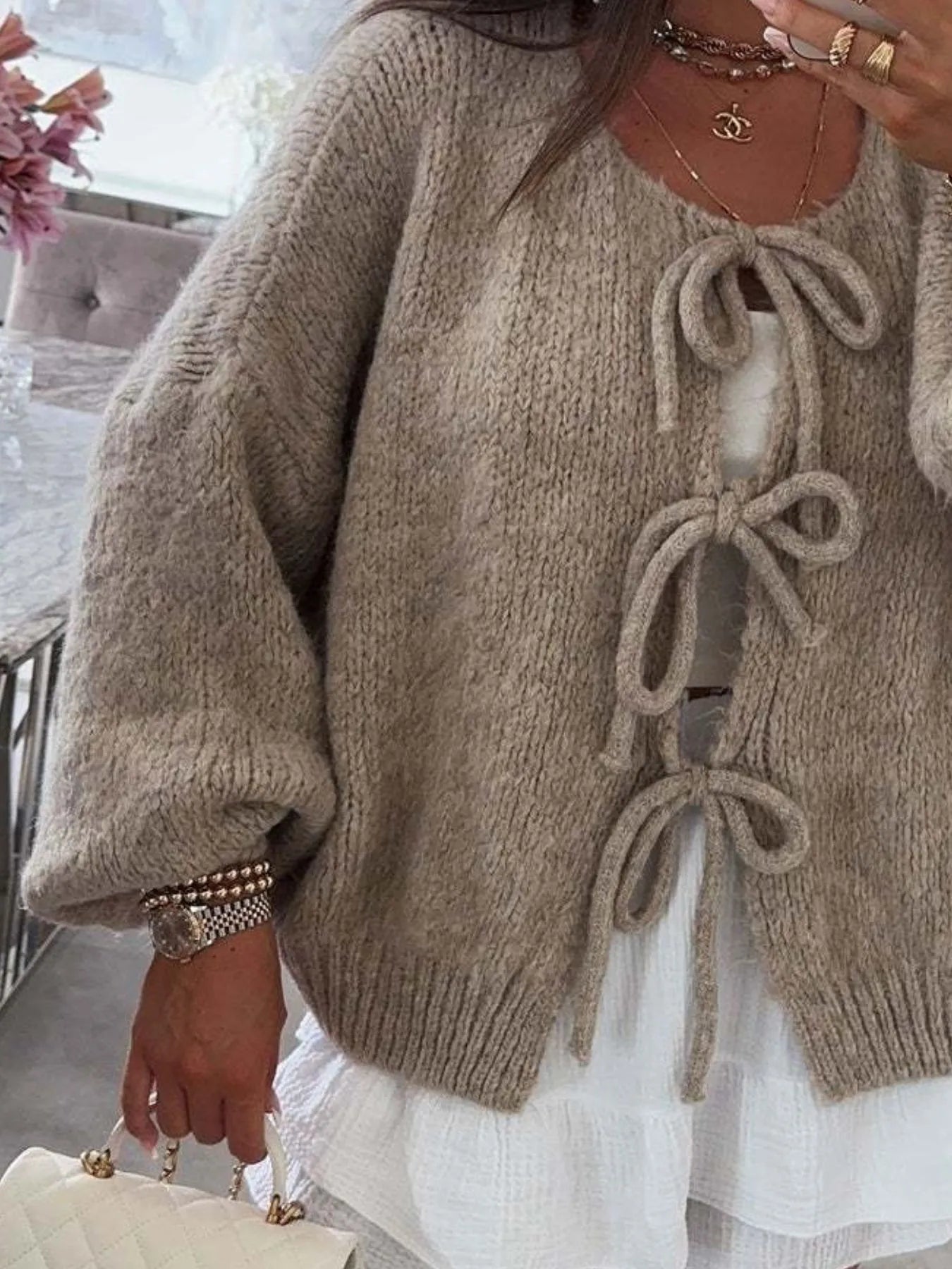 Cozy Bow-Tie Front Knit Cardigan - Fashorio