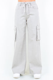 American Bazi Full Size Drawstring Wide Leg Cargo Pants Plus Size Light Gray - Fashorio