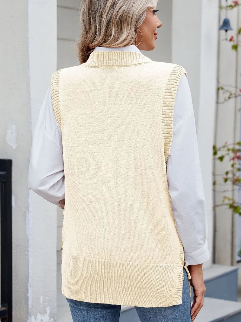 buttoned round neck sweater vest layered look