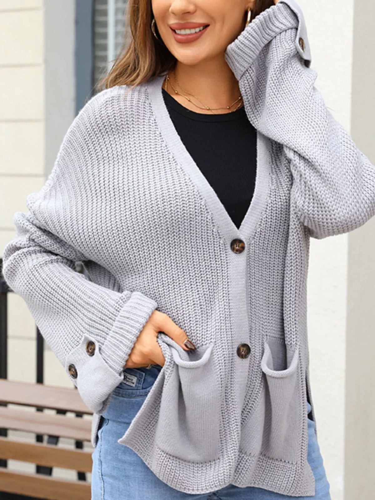 oversized knit button down cardigan neckline detail