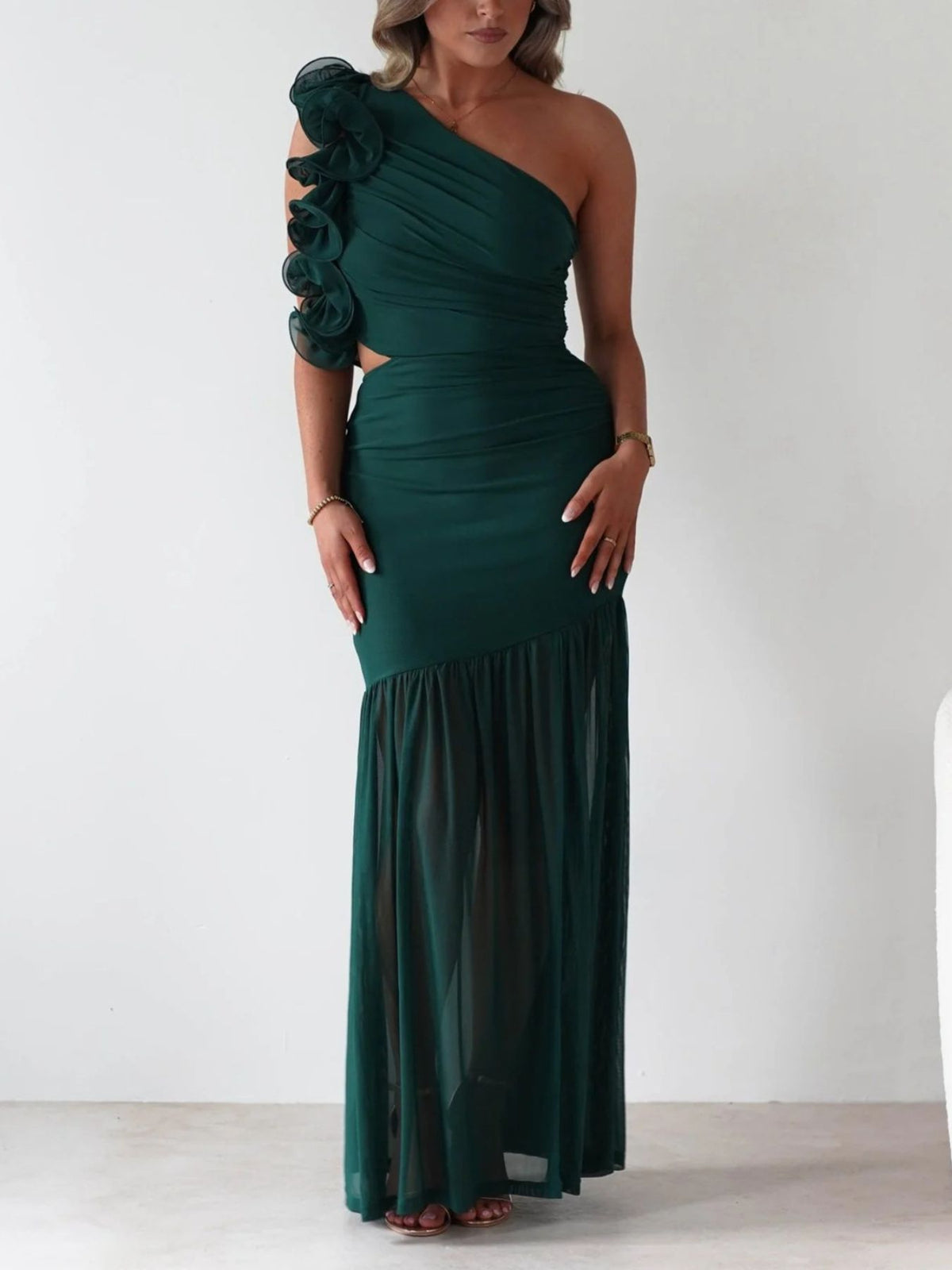 one shoulder ruffle trim maxi dress seated view
