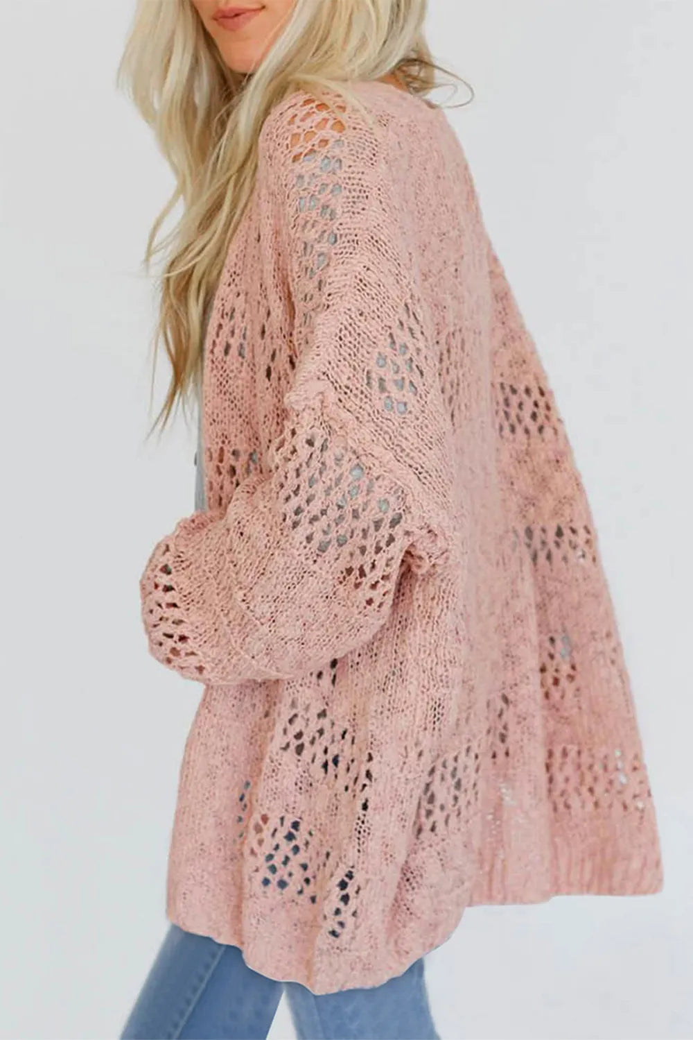 Openwork Open Front Long Sleeve Cardigan - Fashorio