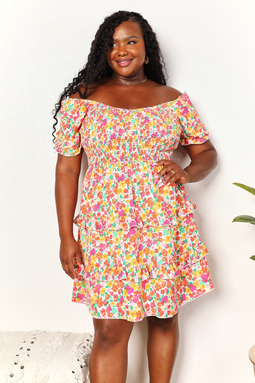 Devine Smocked Sweetheart Neck Flounce Sleeve Mini Dress view 7