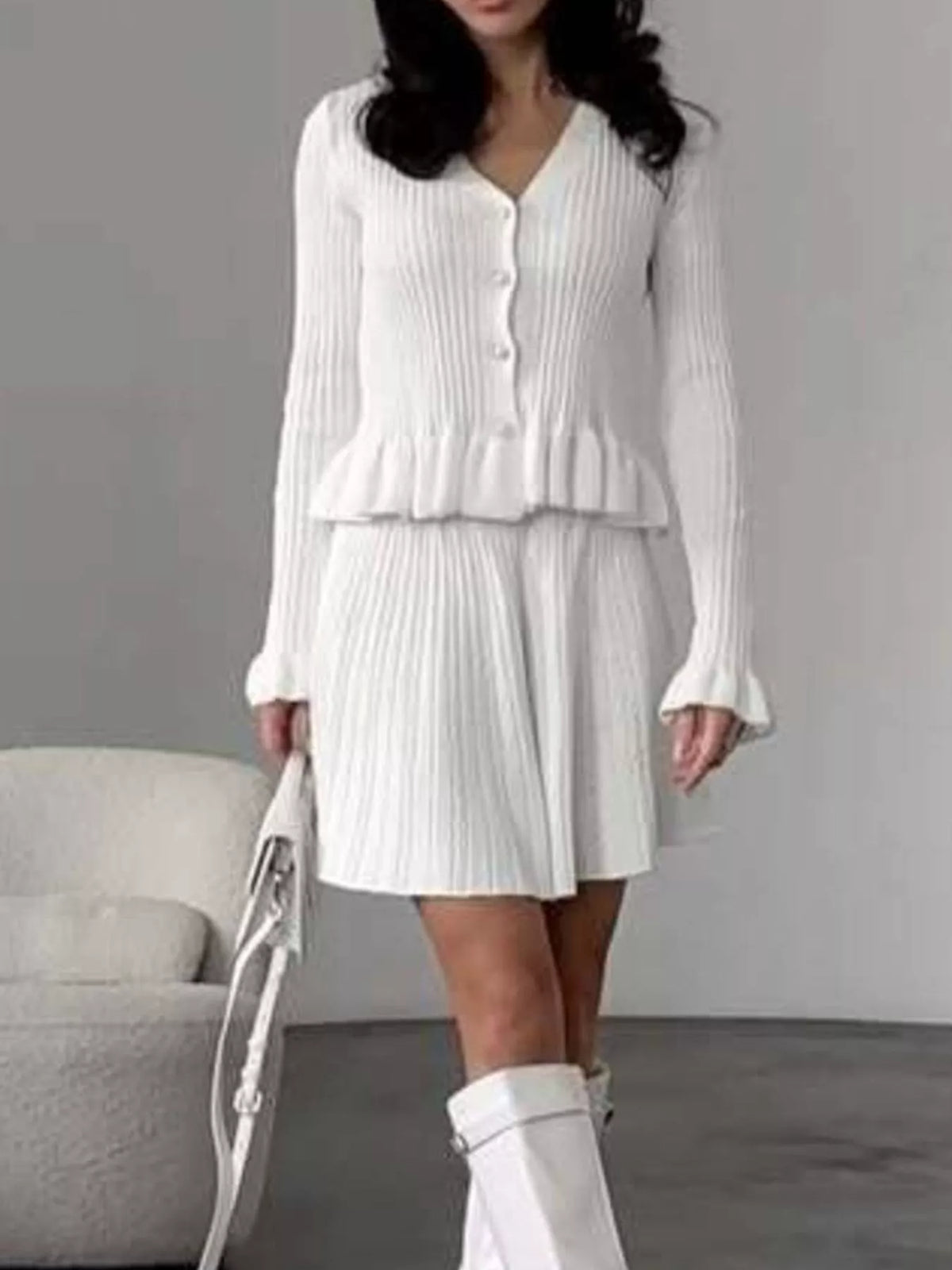 Ruffle Trim Knit Cardigan and Skirt Set, view 8
