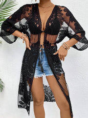 Lace Open Front Longline Cover-Up Black One Size - Fashorio
