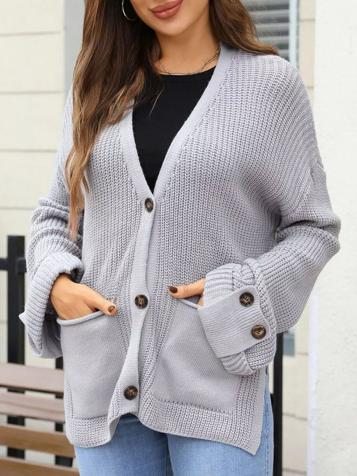 oversized knit button down cardigan close up detail