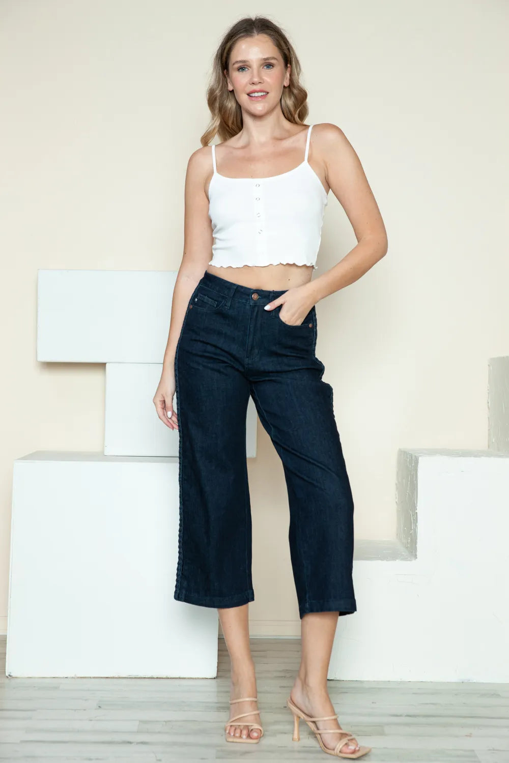 Side seam braid detail jeans styled with loafers