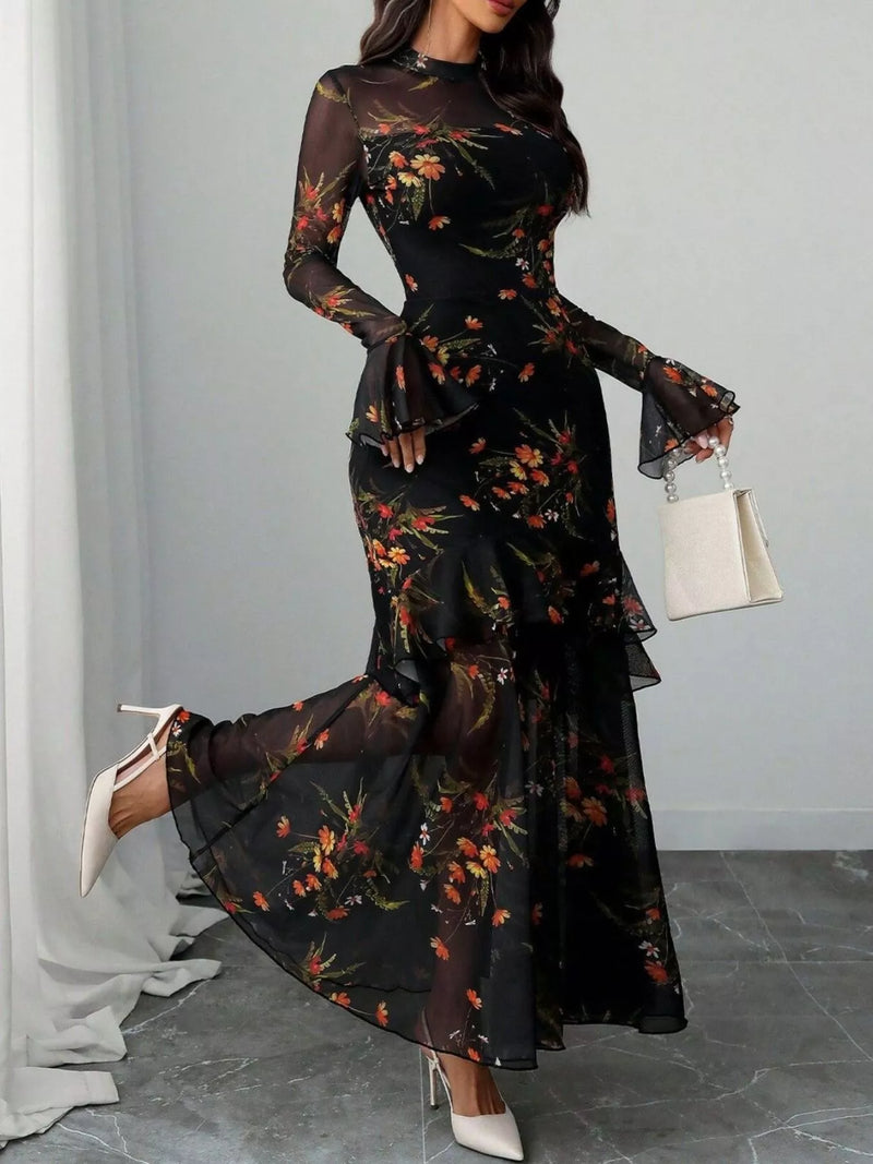 Floral flounce sleeve mermaid maxi dress, front view