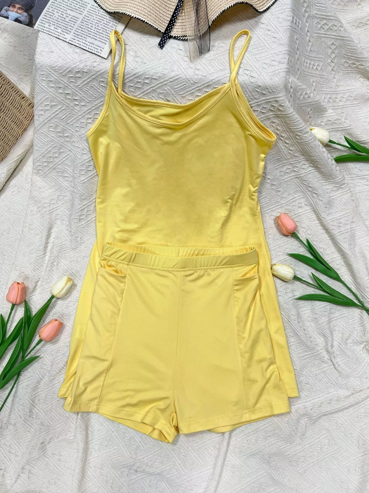 Scoop neck active cami and shorts full look