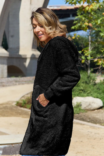 Double Take Full Size Hooded Teddy Bear Jacket with Thumbholes - Fashorio