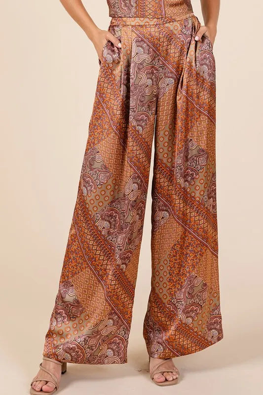 Paisley patchwork satin wide leg pants front view