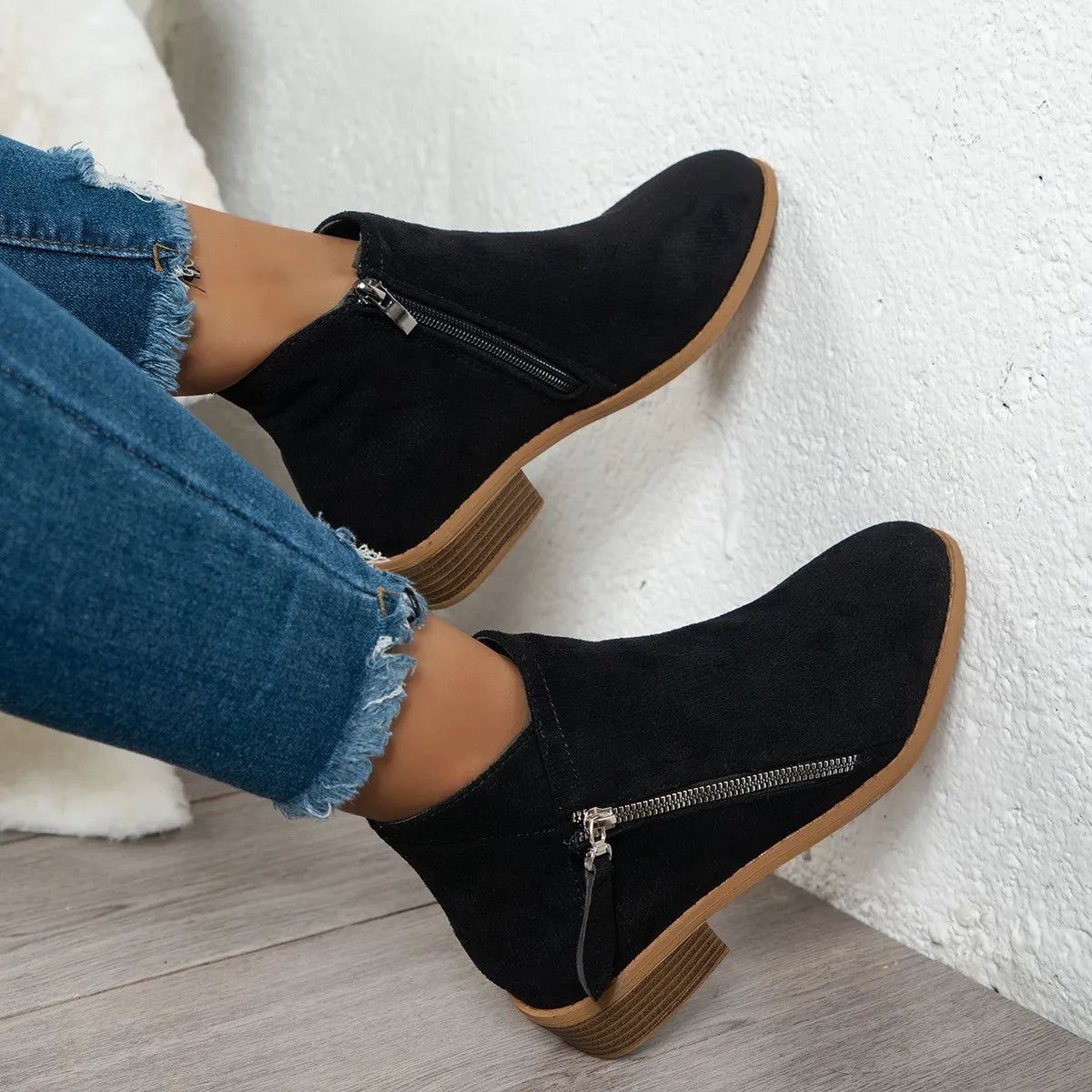 Side Zip Ankle Boots with Block Heel - Fashorio