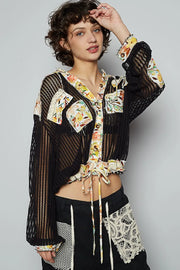 POL Vintage Washed Crochet Hoodie Jacket With Patchwork BLACK MULTI - Fashorio
