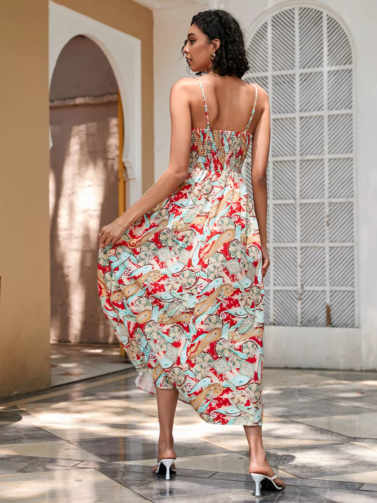 Floral print spaghetti strap midi dress side view