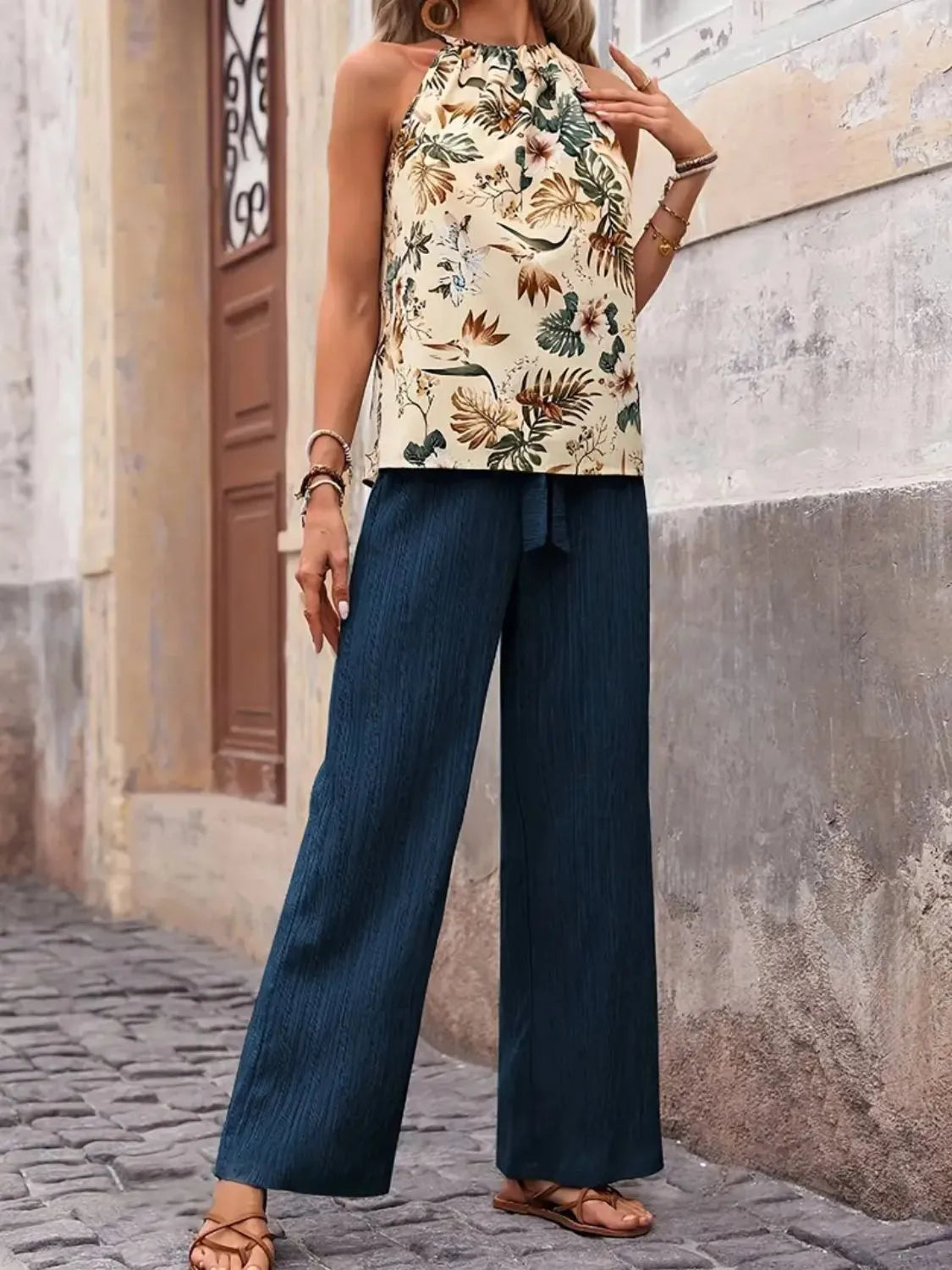 Printed Tank Top and Wide Leg Pants Set - Fashorio