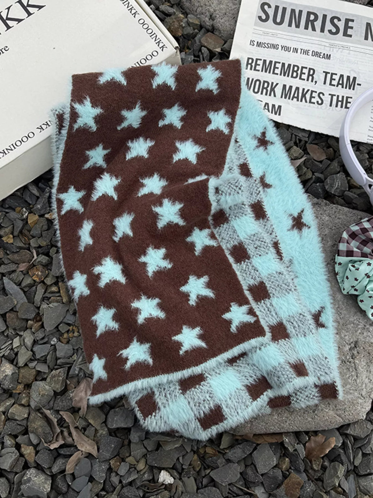 Mint blue star plaid scarf draped