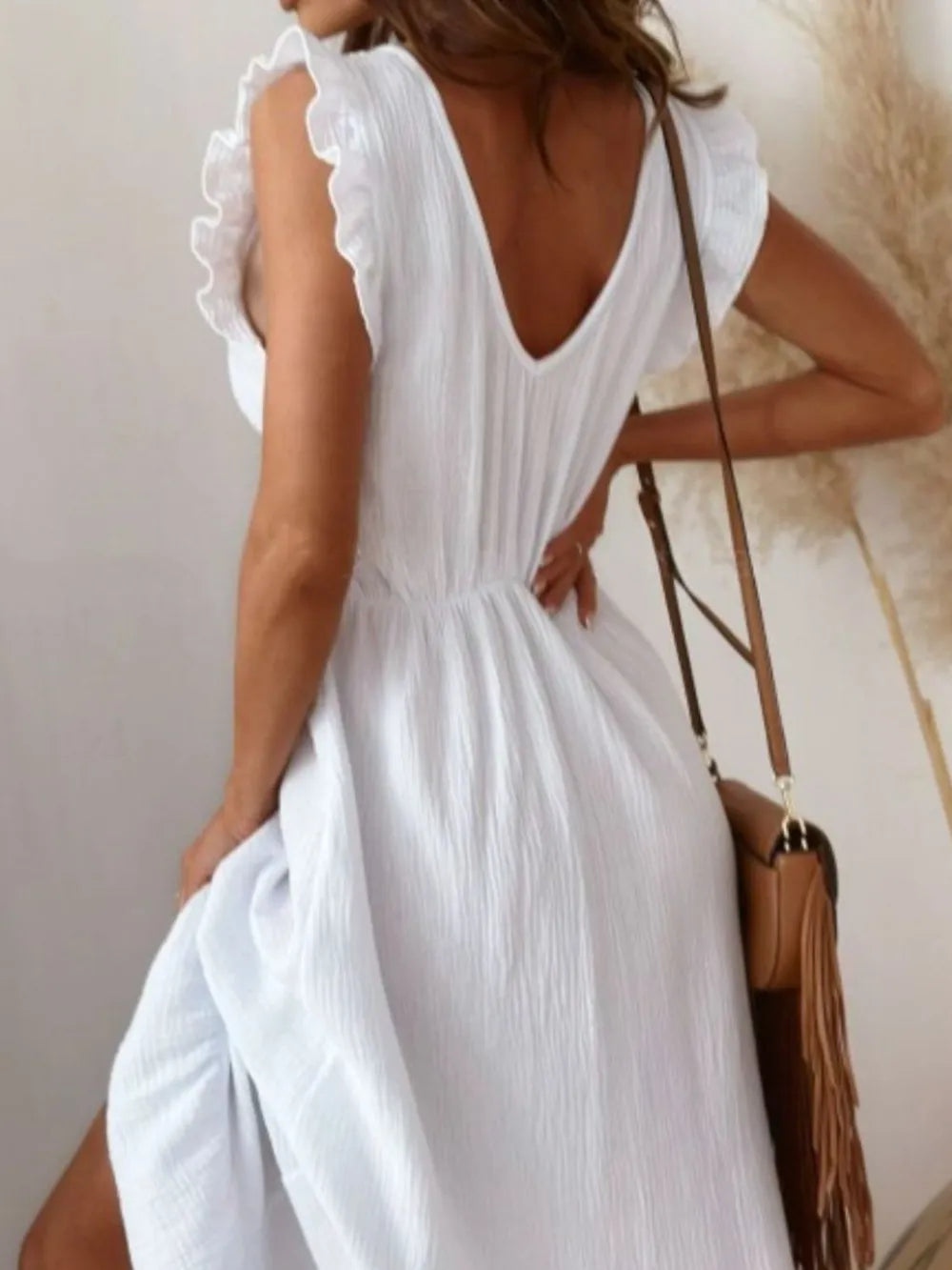 Ruffled V neck cap sleeve maxi dress styled look