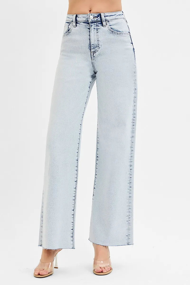 RISEN high rise wide leg light wash jeans front view