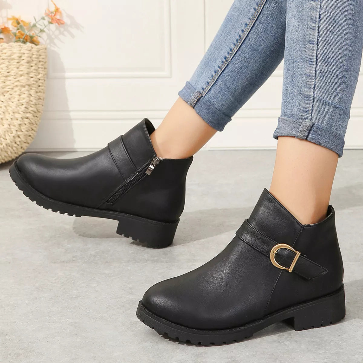 round toe block heel boots front view