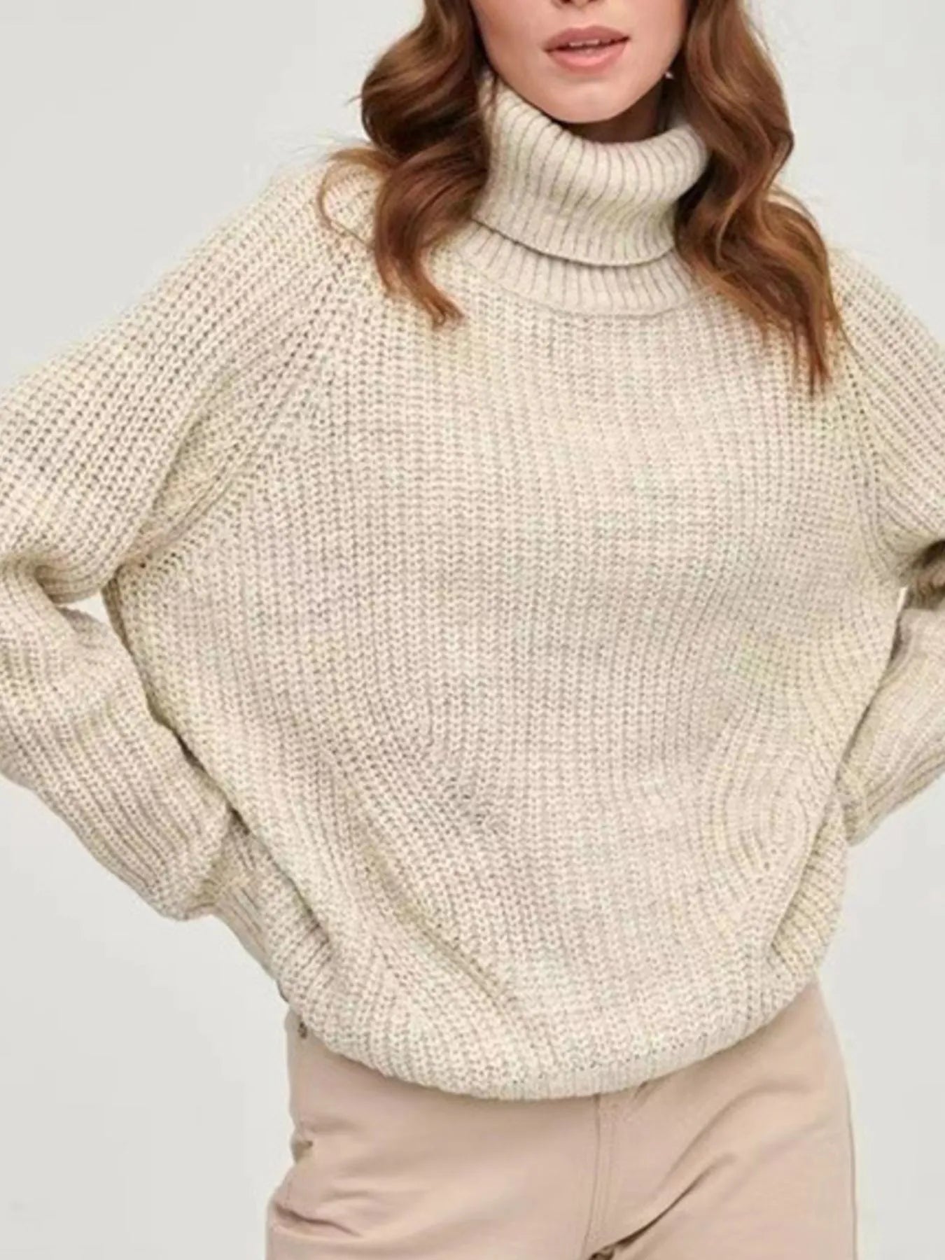 Turtleneck Long Sleeve Sweater Beige - Fashorio