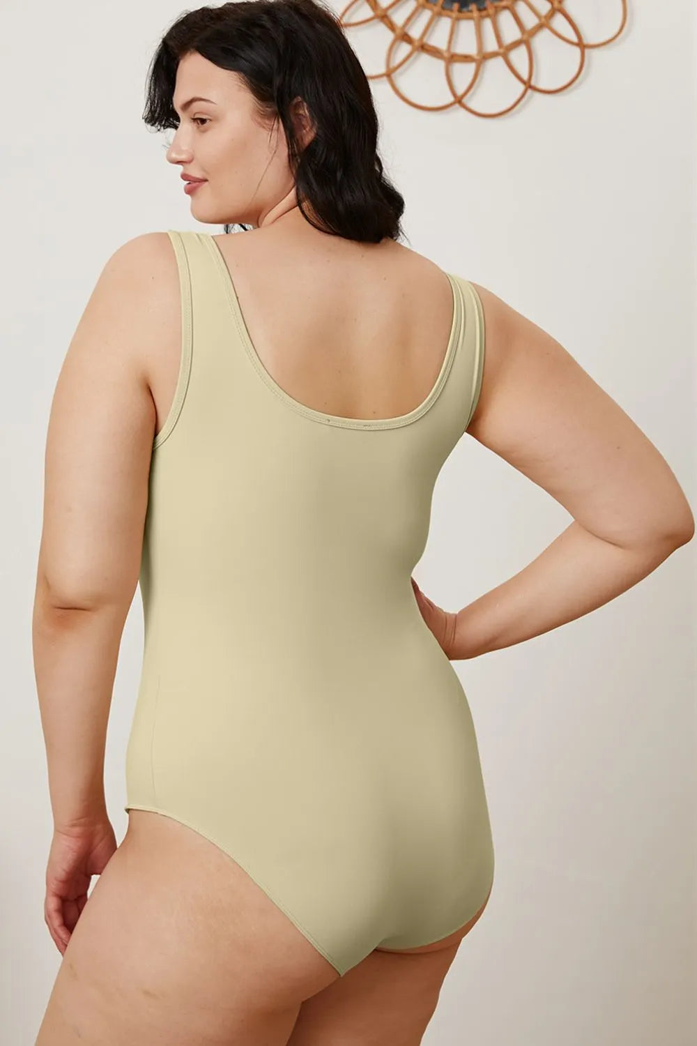 Close up of the square neckline and strap