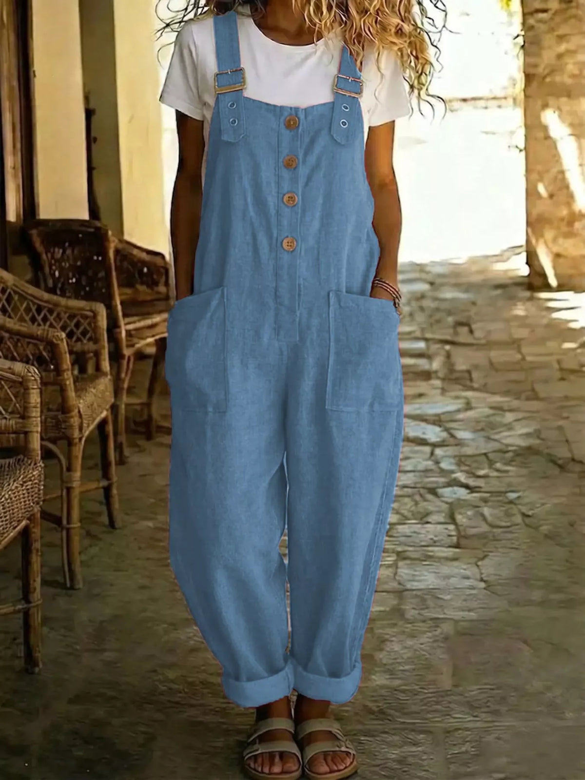 Button front wide leg overalls detail view