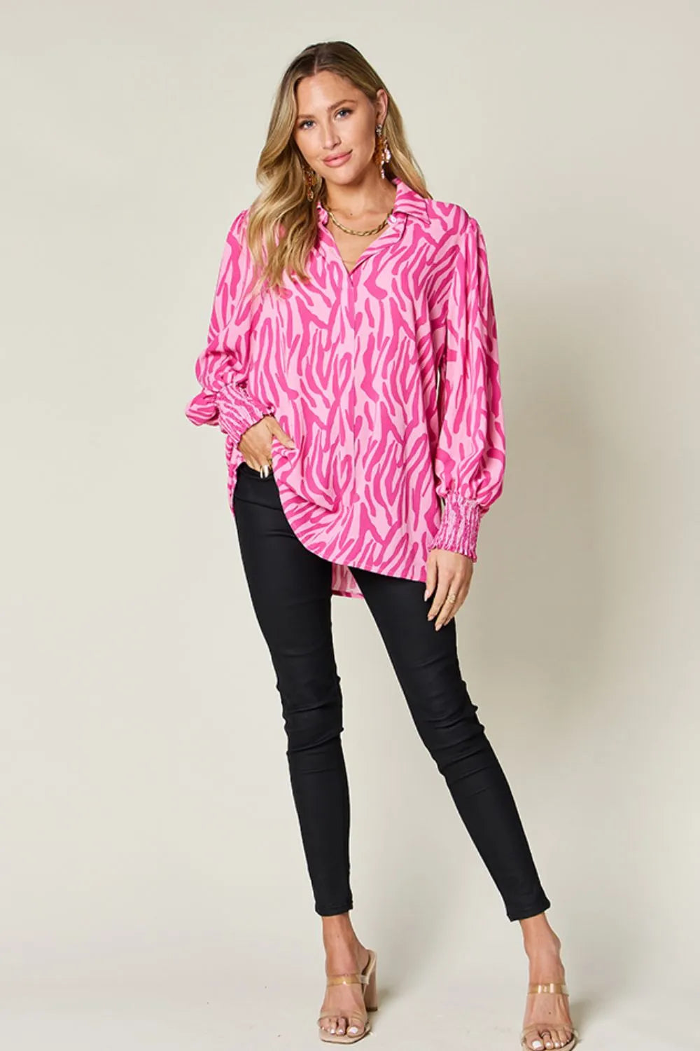 Full outfit view of the smocked blouse