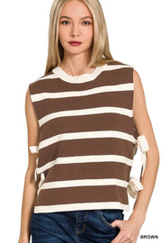 Zenana Side Tie Stripe Sweater Vest BROWN - Fashorio