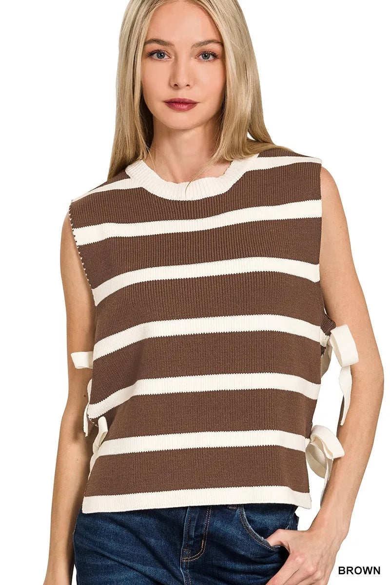 Zenana Side Tie Stripe Sweater Vest BROWN - Fashorio