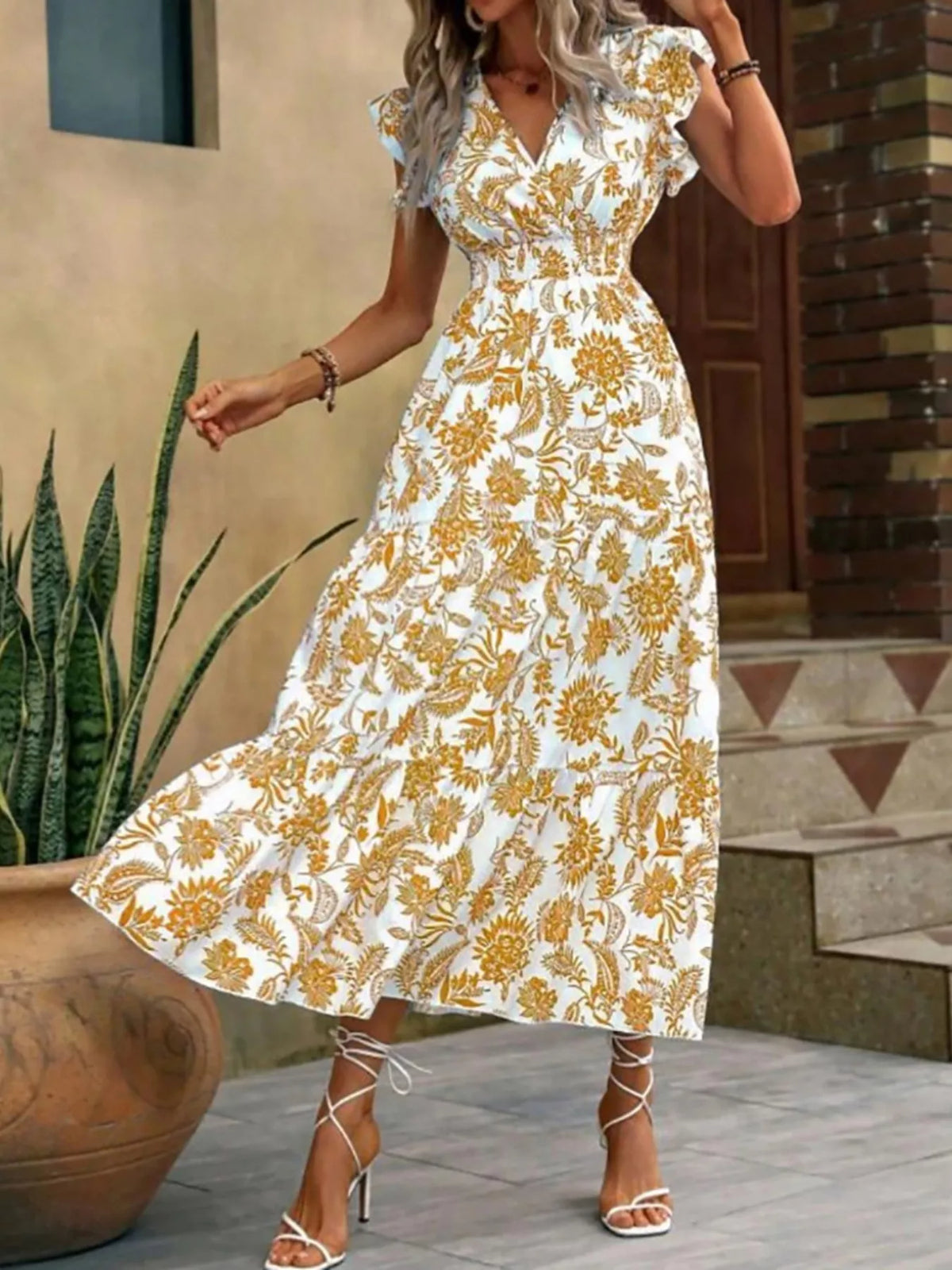 Floral print ruffle sleeve tiered midi dress side view