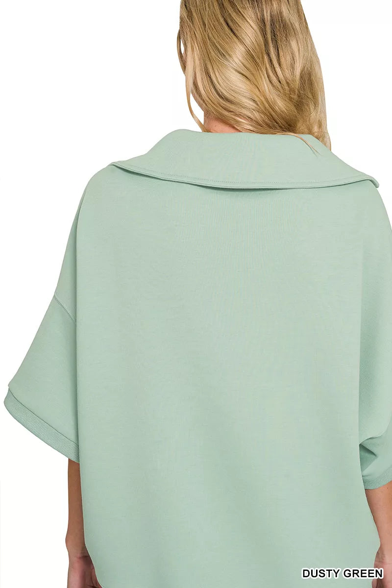 Zenana dusty green scuba collared short sleeve top styled