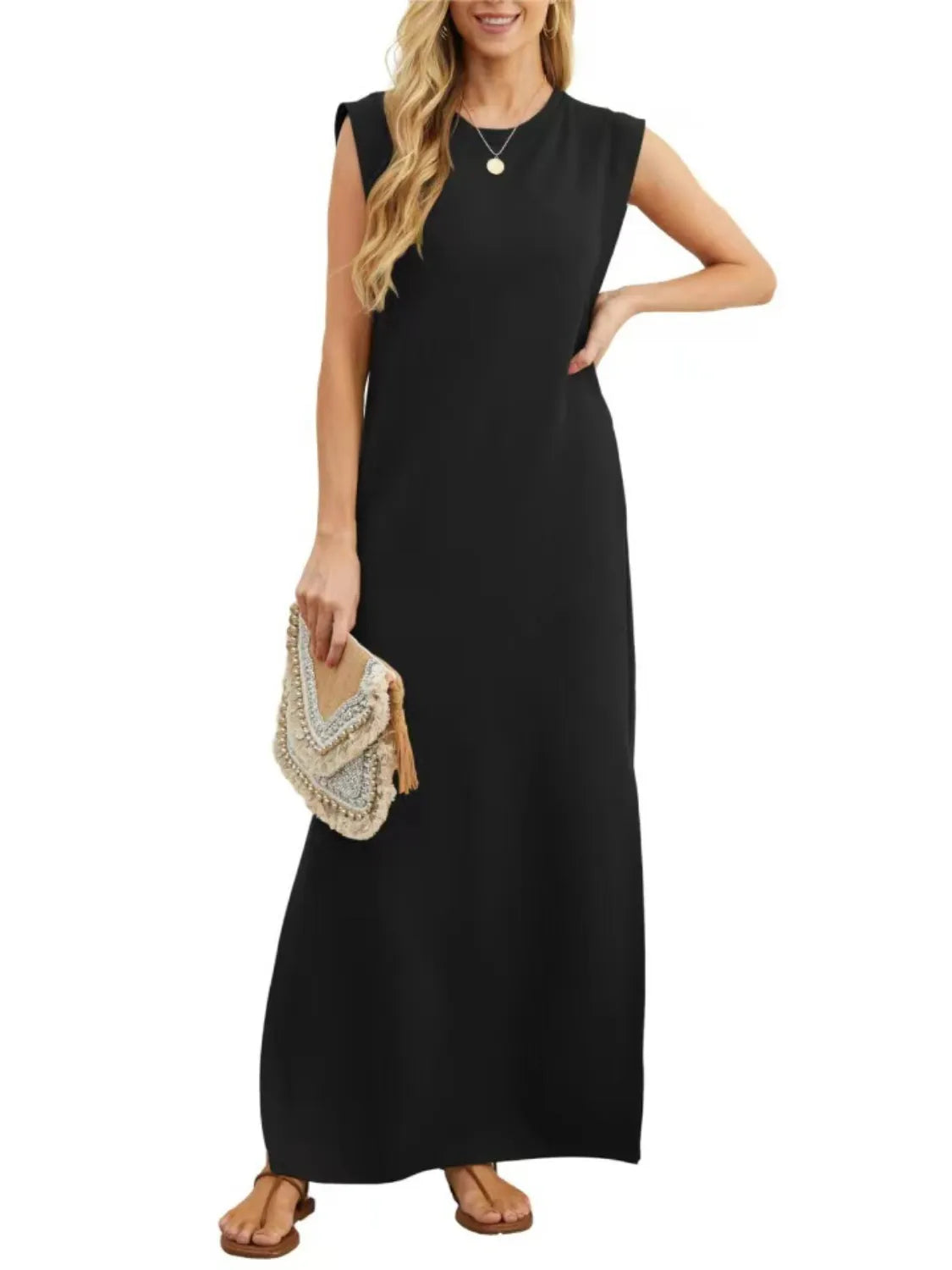 Slit Round Neck Sleeveless Maxi Tank Dress side slit view