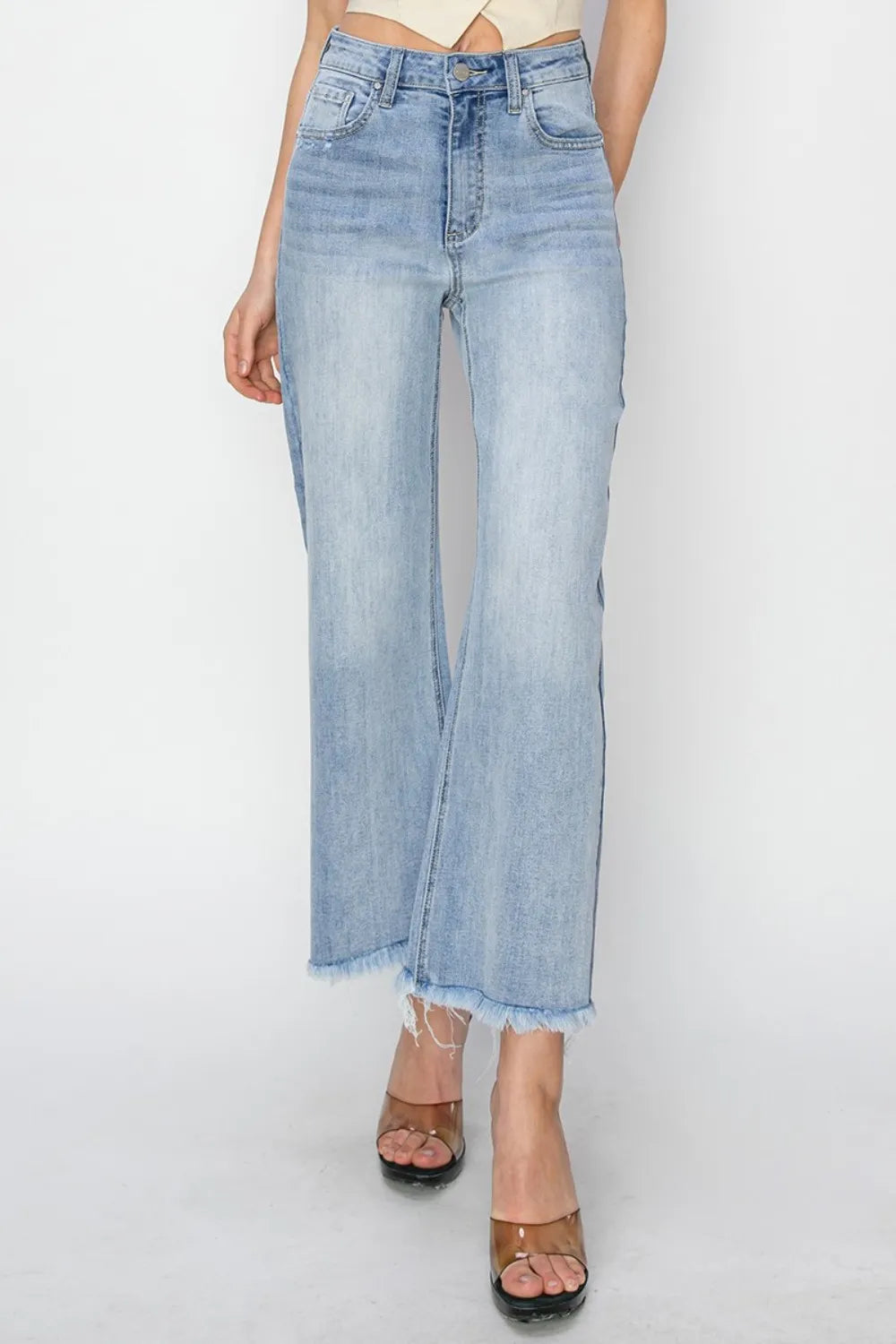 RISEN High Rise Crop Wide Fray Hem Jeans Light - Fashorio