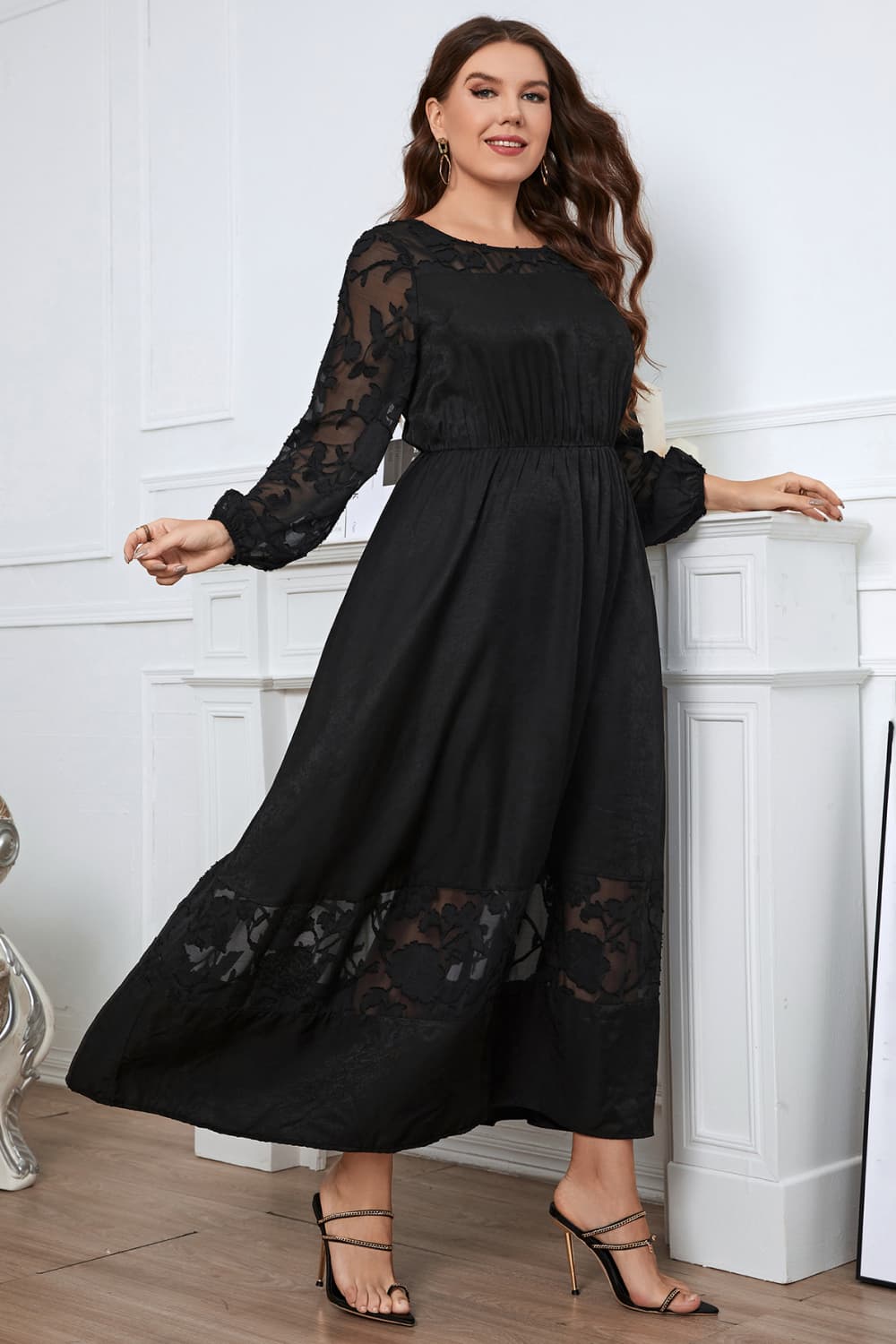 Black embroidered round neck long sleeve maxi dress back view