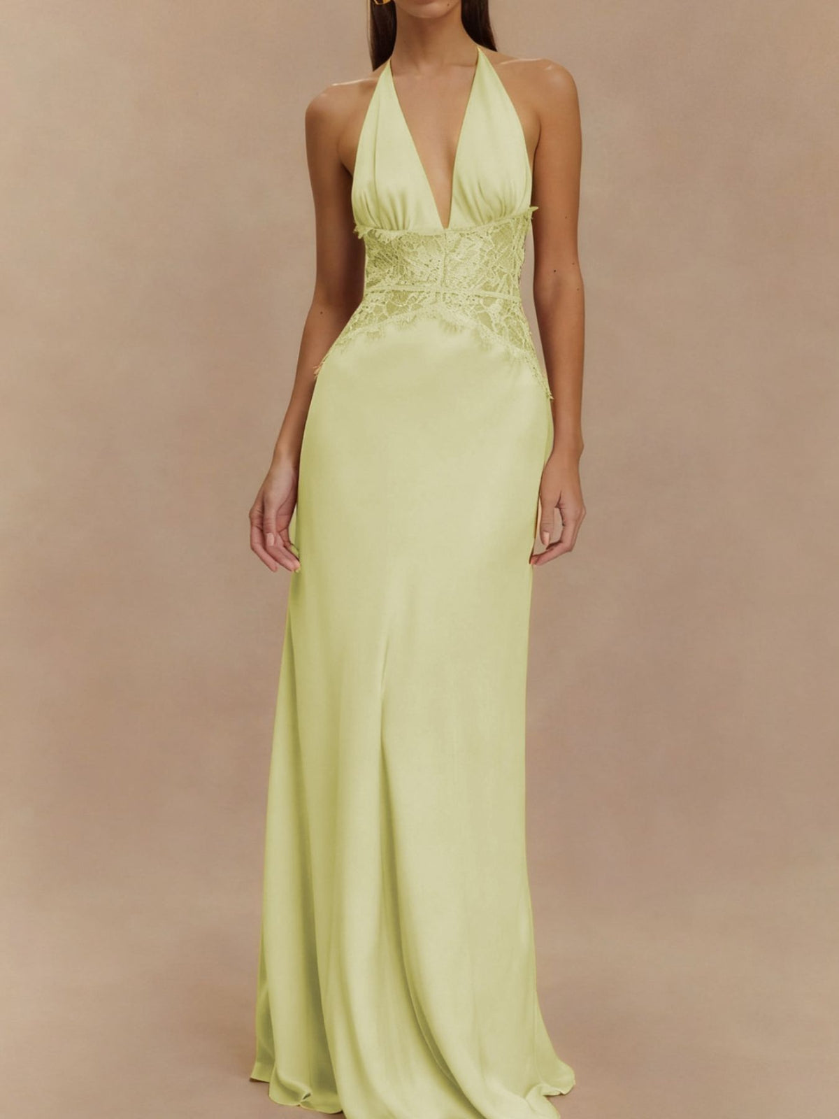 Halter neck lace trimmed maxi dress back detail