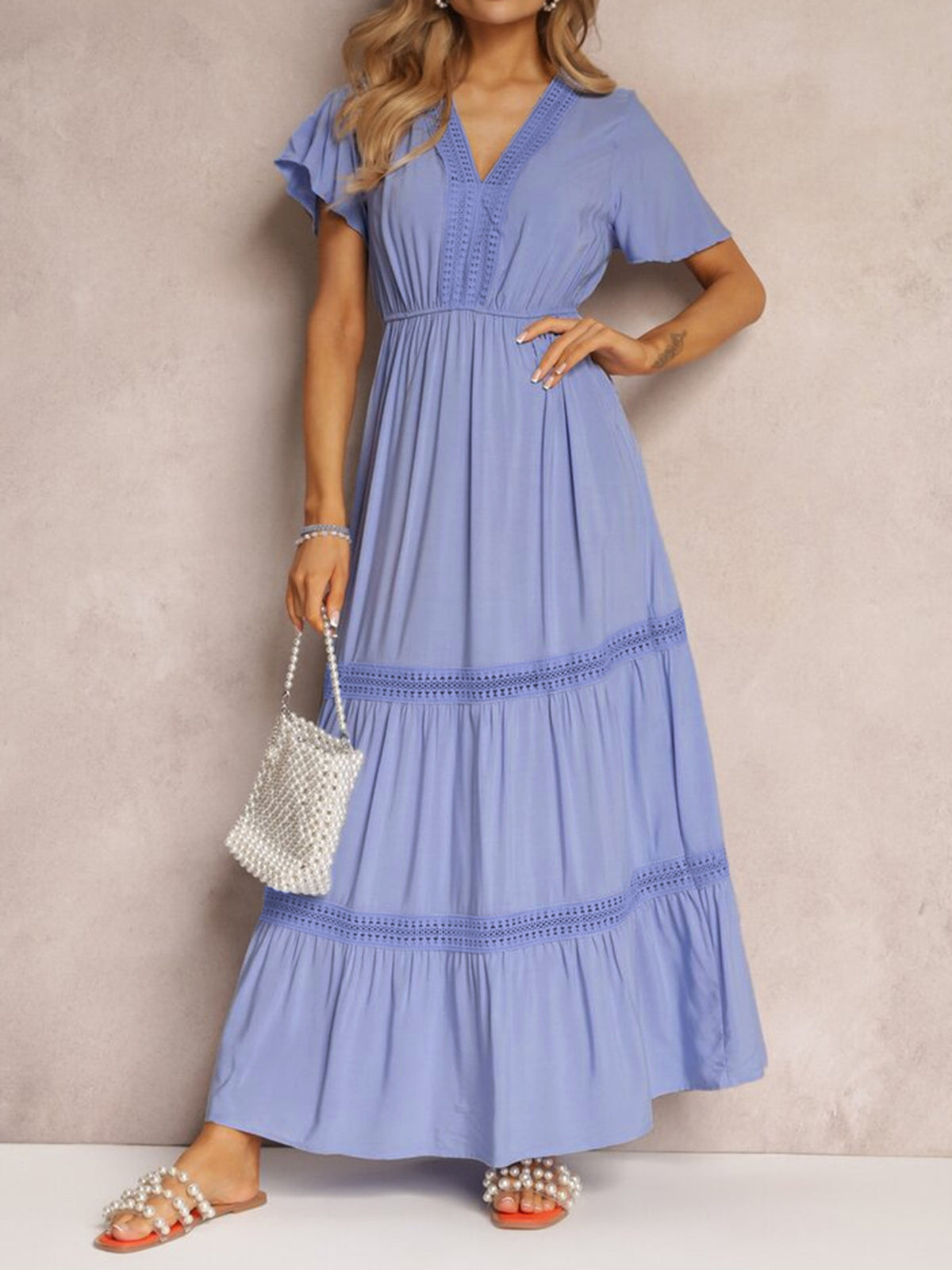 V neck short sleeve tiered maxi dress, full front view