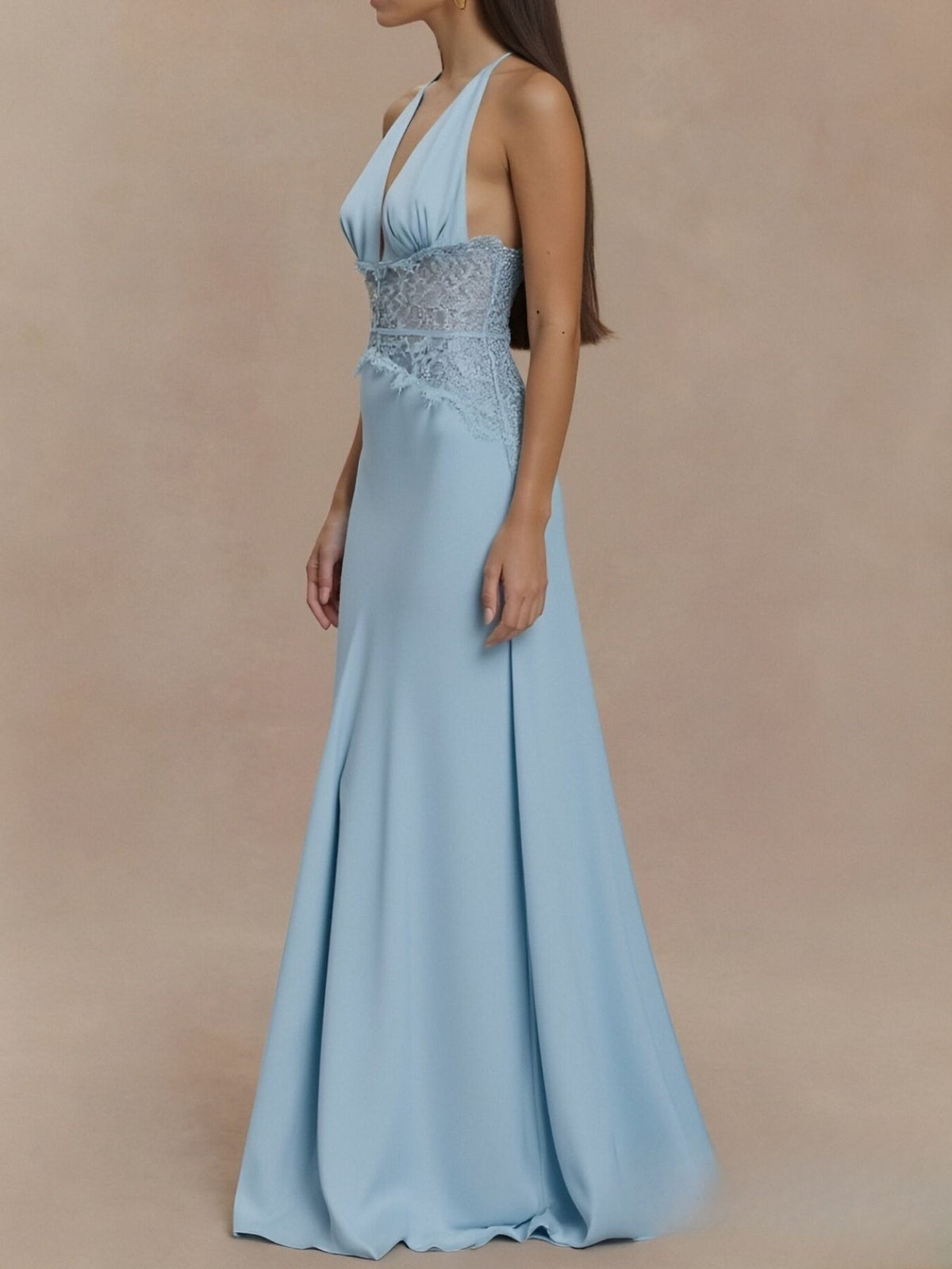Halter neck lace trimmed maxi dress fabric detail