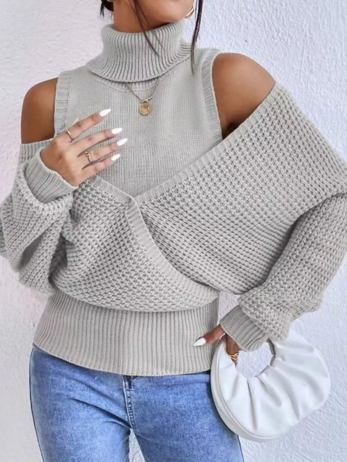 waffle knit cold shoulder turtleneck sweater side view