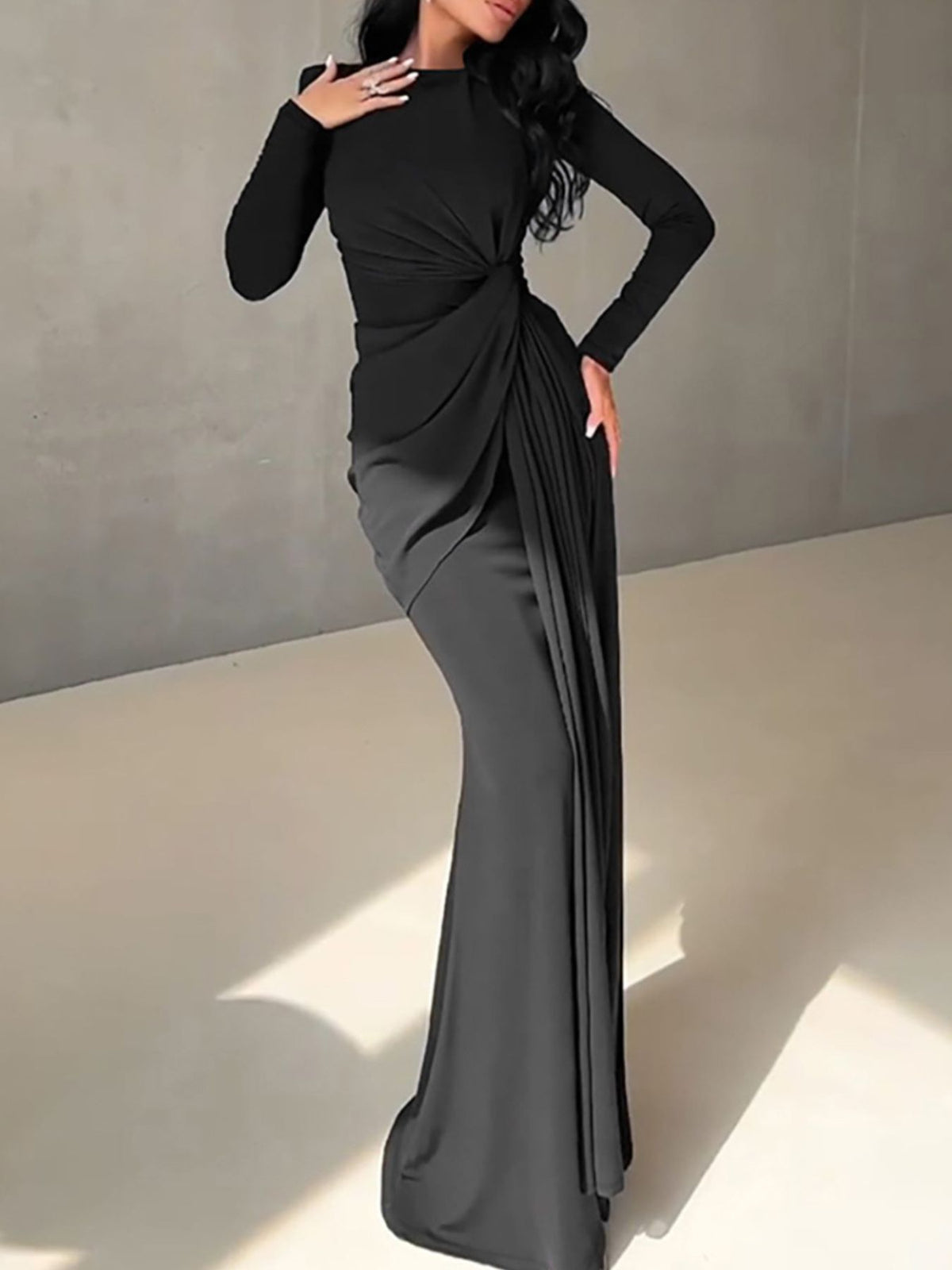 Ruched knot front long sleeve maxi dress black colourway
