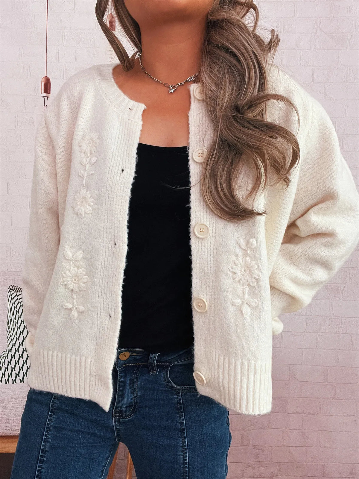 floral embroidered button up ribbed cardigan close fabric detail