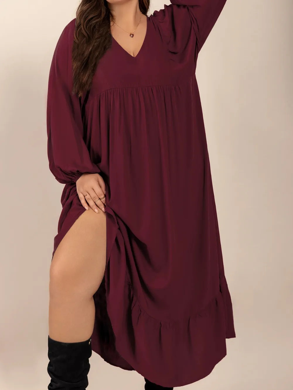 burgundy plus size ruffled hem v neck balloon sleeve dress styled look