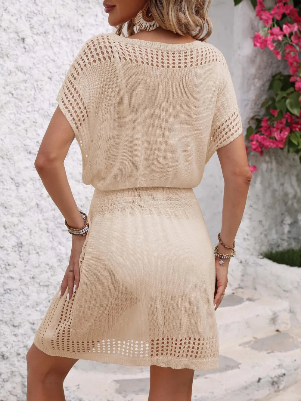 Openwork V-Neck Short Sleeve Cover-Up Dress - Fashorio