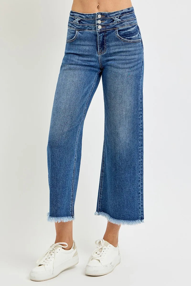 Dark wash wide leg jeans wide waistband detail