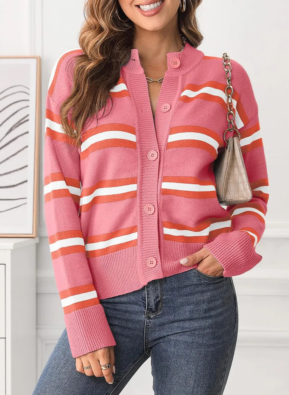 Striped Button Down Long Sleeve Cardigan Pink - Fashorio