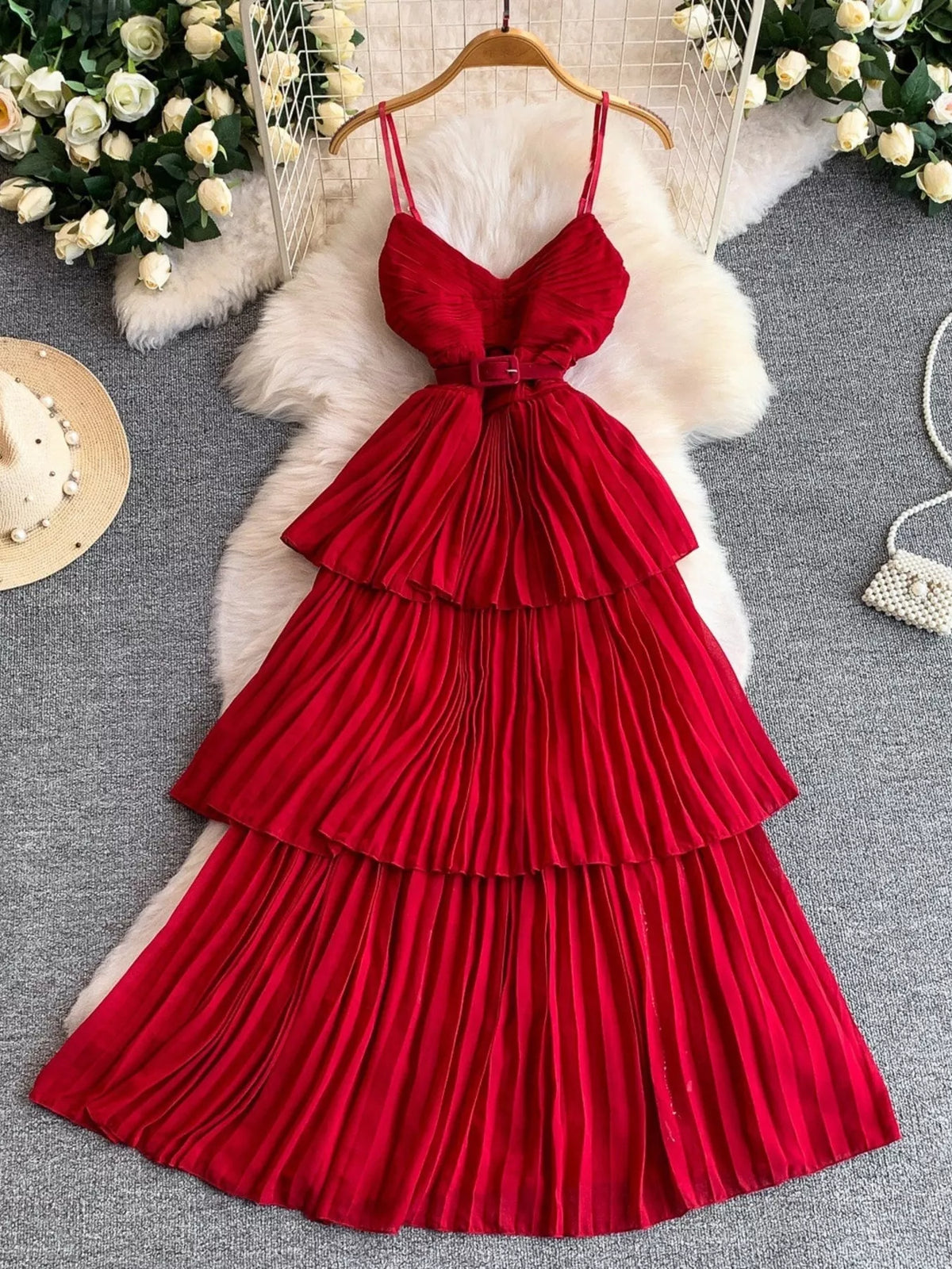 Pleated layered spaghetti strap midi dress side view