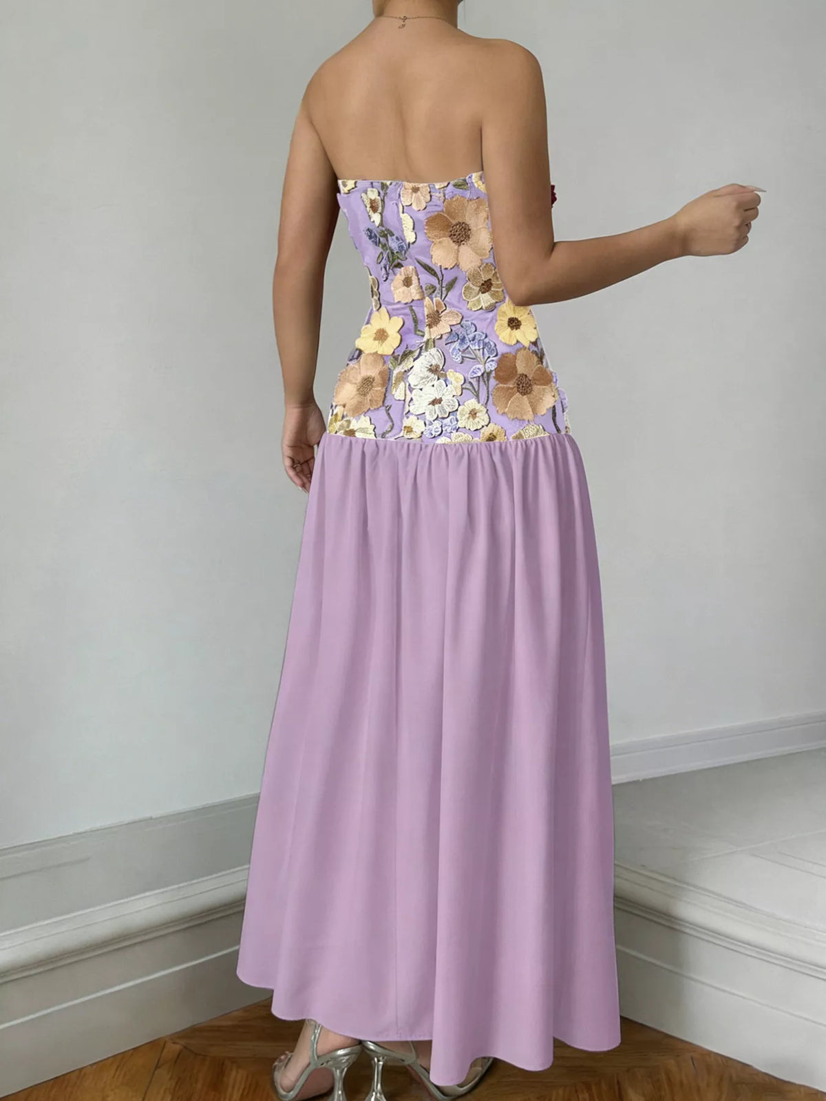 Floral embroidered strapless tube maxi dress back detail view
