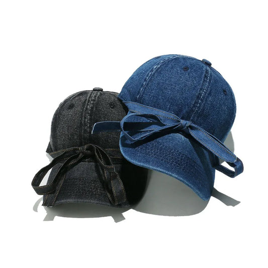 Washed Bow Denim Baseball Cap Navy One Size - Fashorio