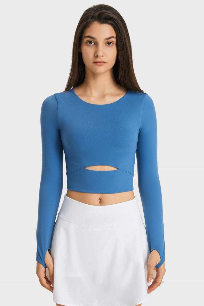 cutout long sleeve cropped sports top front view