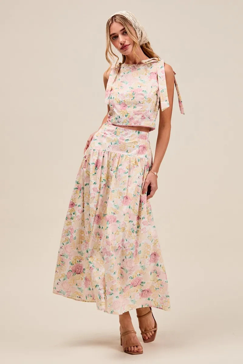 SO ME Floral Printed Woven Shoulder Bow Tie Top and Skirt Set - Fashorio