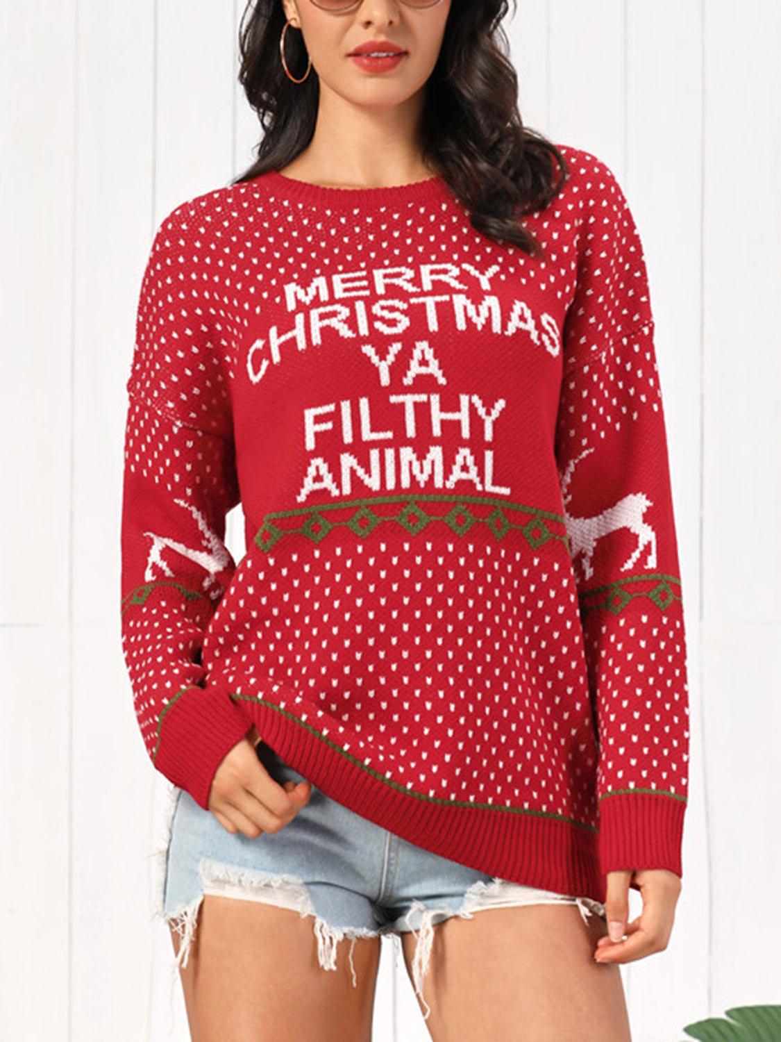 Christmas Element Round Neck Sweater Red - Fashorio